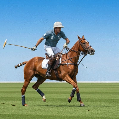 Polo player on horseback, mid-swing with a mallet, on a green field