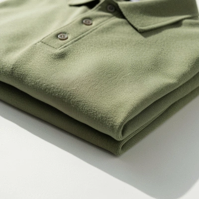 Close-up of eco-friendly polo apparel made from organic cotton and recycled polyester, neatly folded, with a soft, natural texture, in a bright, clean setting, no text, no words, no typography