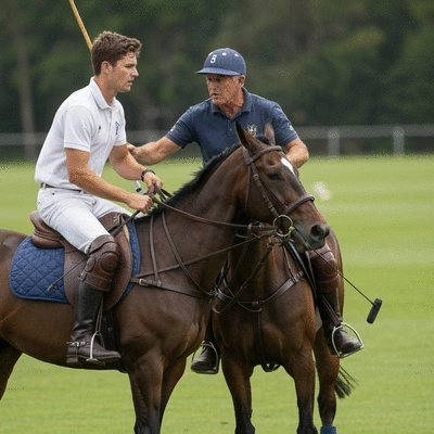 Polo player receiving coaching during a training session on a horse