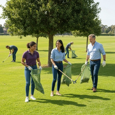 Community members participating in a polo club's sustainable clean-up event, picking up litter, with a diverse group of people, no text, no words, no typography, clean image