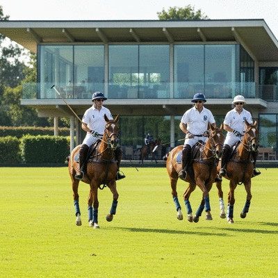 Polo players on horseback in a green field, with a modern, eco-friendly club house in the background, no text, no words, no typography, clean image