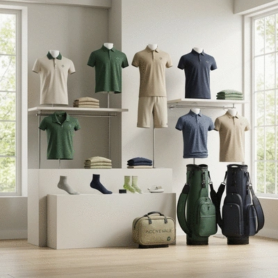Assortment of eco-friendly polo gear from various sustainable brands, including apparel and accessories, displayed in a clean, modern retail setting, no text, no words, no typography