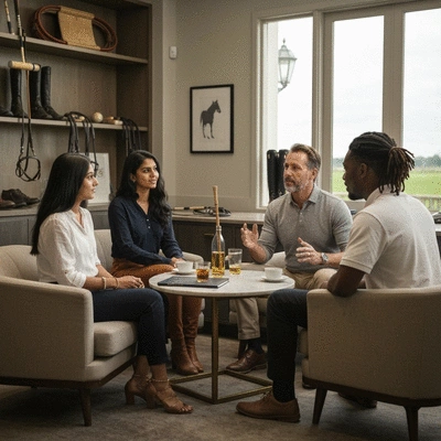 Diverse group of people discussing polo club membership options in a vibrant club lounge, with polo equipment subtly in the background, no text, no words, no typography, clean image