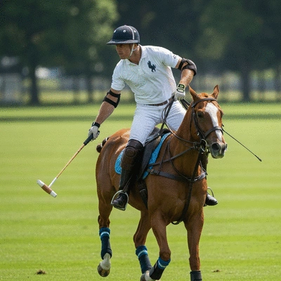Polo player on horseback during a match with high-quality equipment