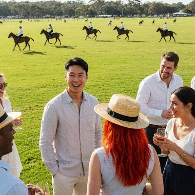 Diverse group of people socializing at a polo club event in Australia