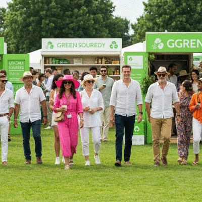 Diverse group of people enjoying an eco-friendly polo event, with green initiatives visible, no text, no words, no typography